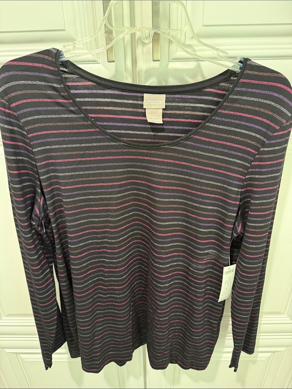 Chico's Black Long-Sleeve Tee with Pink & Purple Stripes